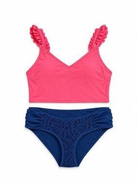 Aerie Ruffle Longline Scoop Bikini Top Large Navy Crochet Bikini Bottom Medium